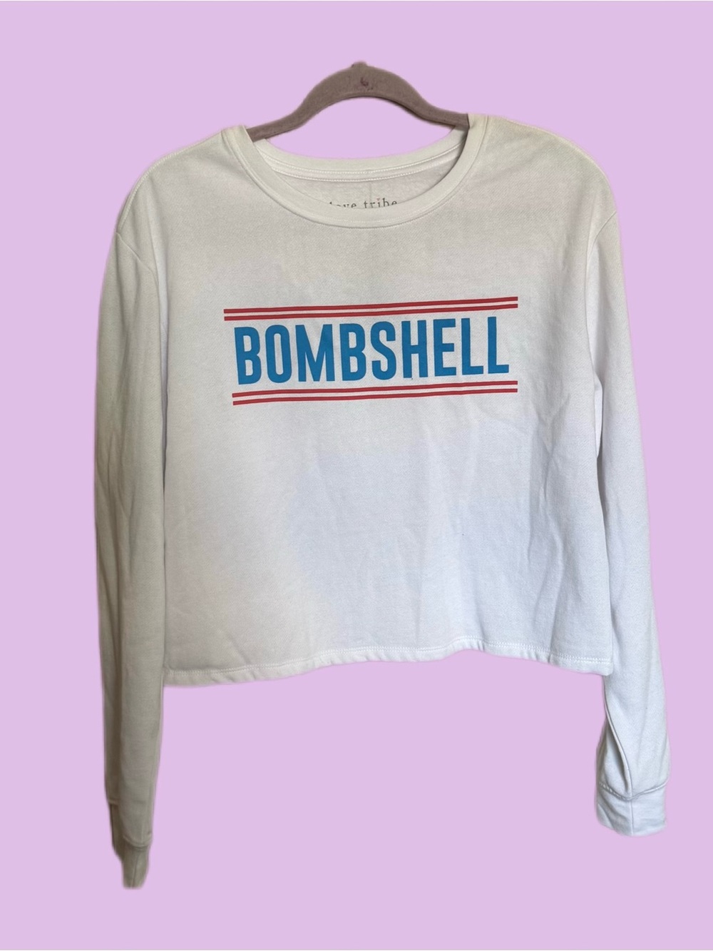 Love Tribe White Crewneck Sweatshirt with Blue 'BOMBSHELL' Print and Red Stripes